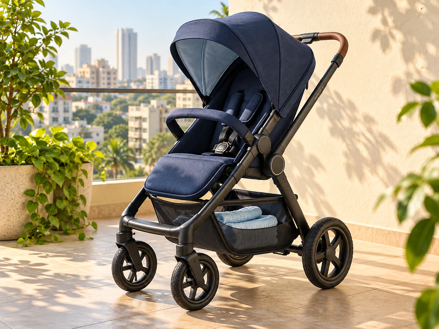A navy stroller on an apartment balcony