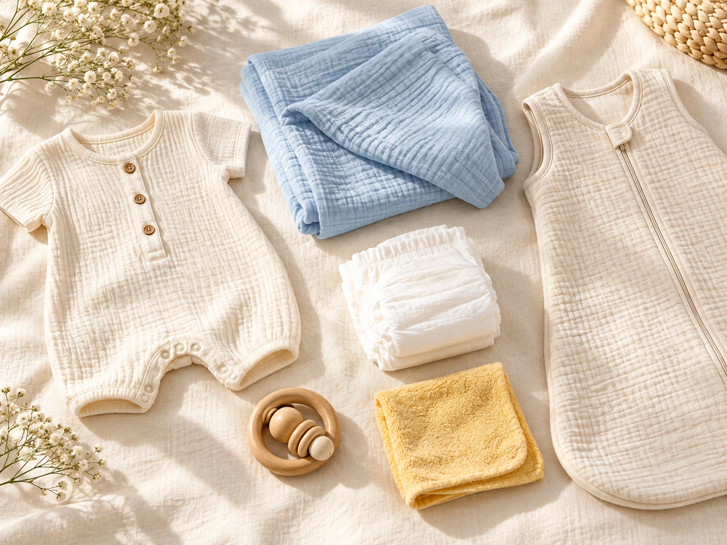 Soft cotton newborn essentials and a wooden rattle